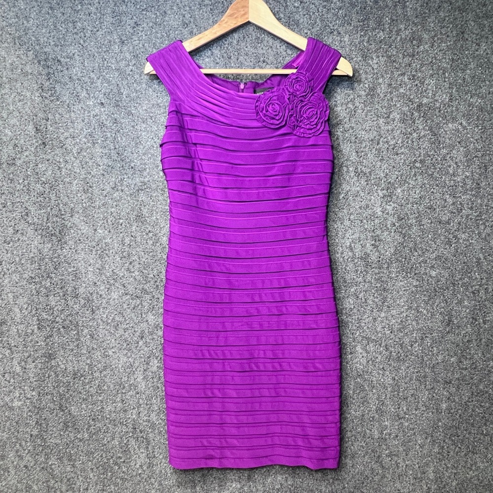 Adrianna Papell Purple Rosette Tiered Rib Sheath Dress Size 10 Cocktail Event